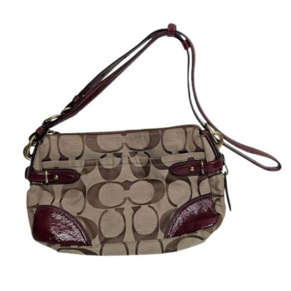Coach Womens Signature C Shoulder Bag Small Brown Burgundy Patent Leather Trim